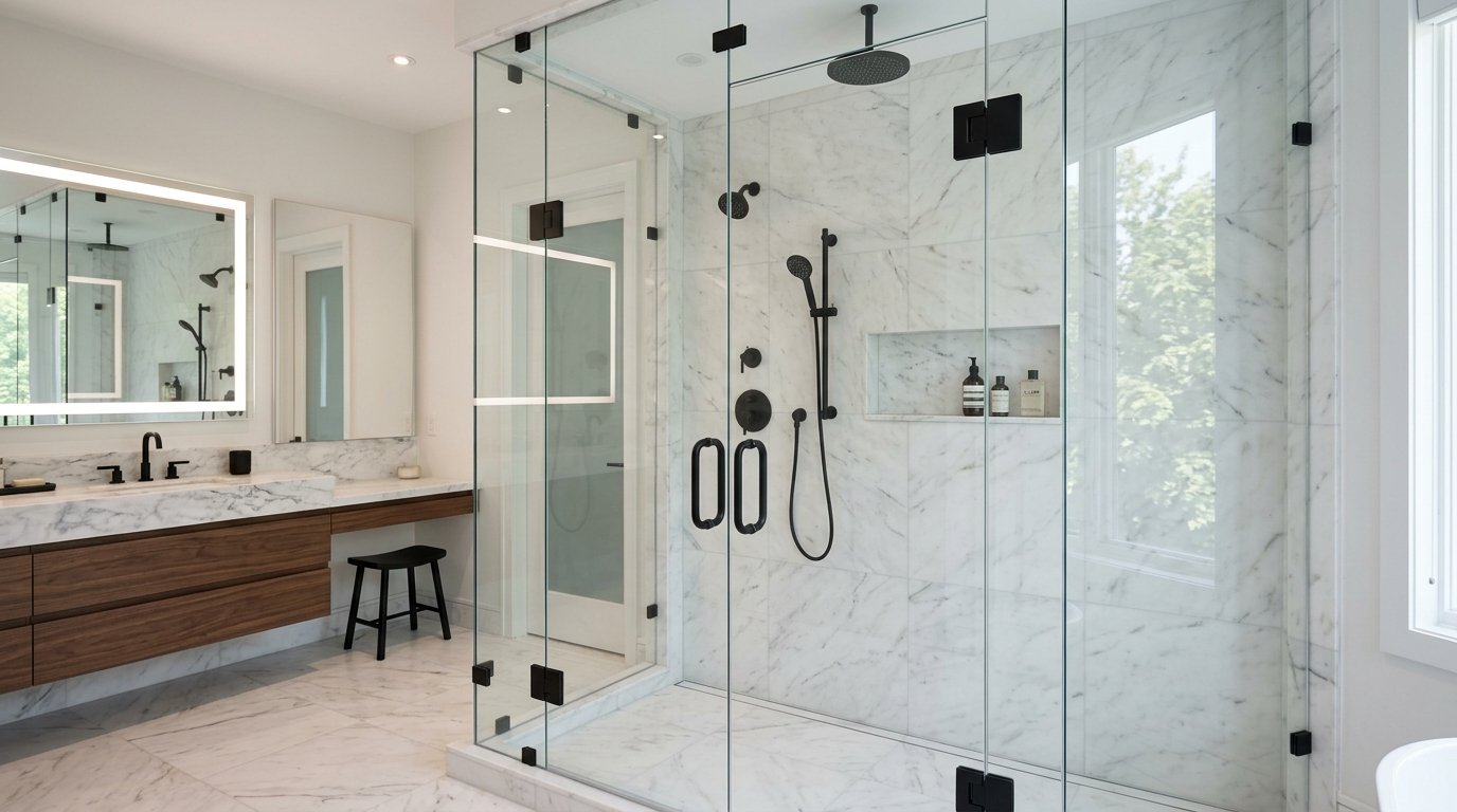 Frameless toughened glass shower enclosure and modern bathroom glass works