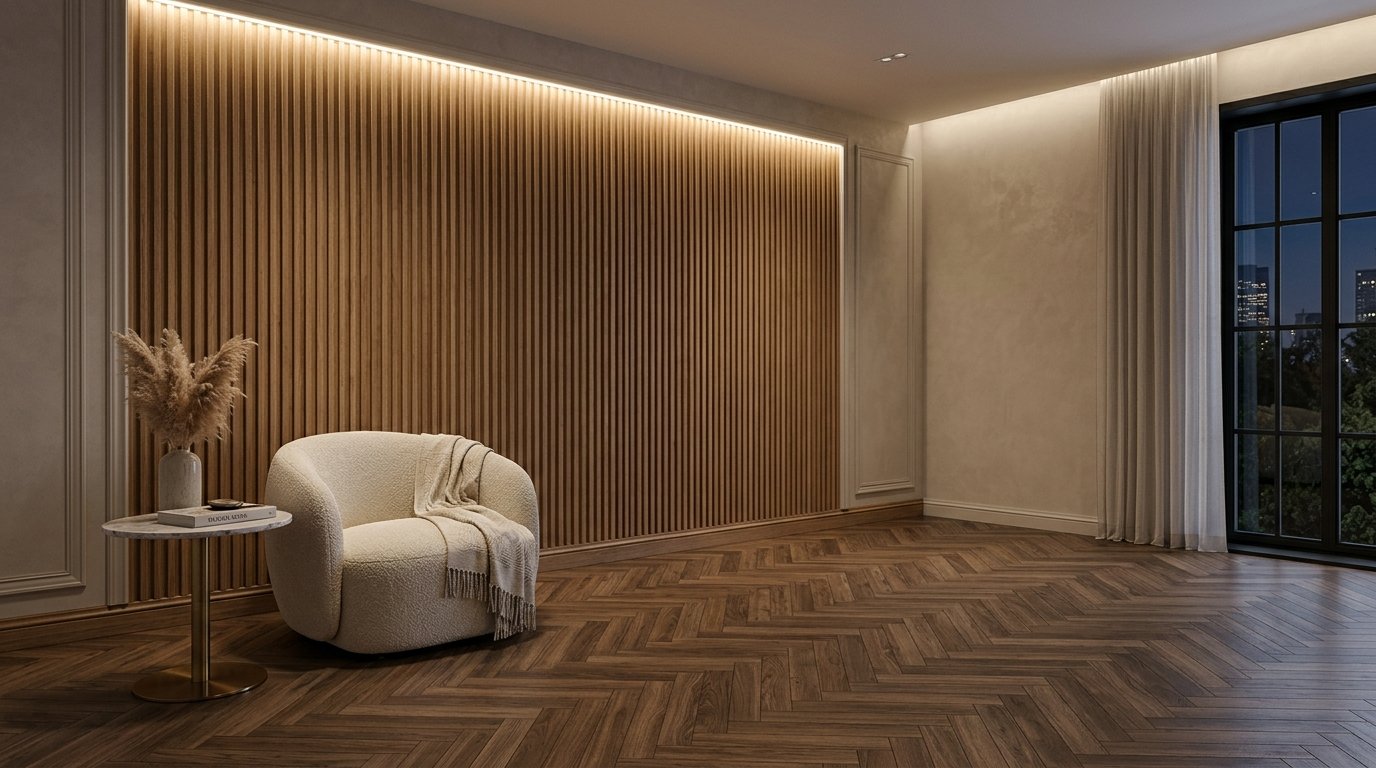 Decorative vertical fluted wall panels and matching floor panel interior works