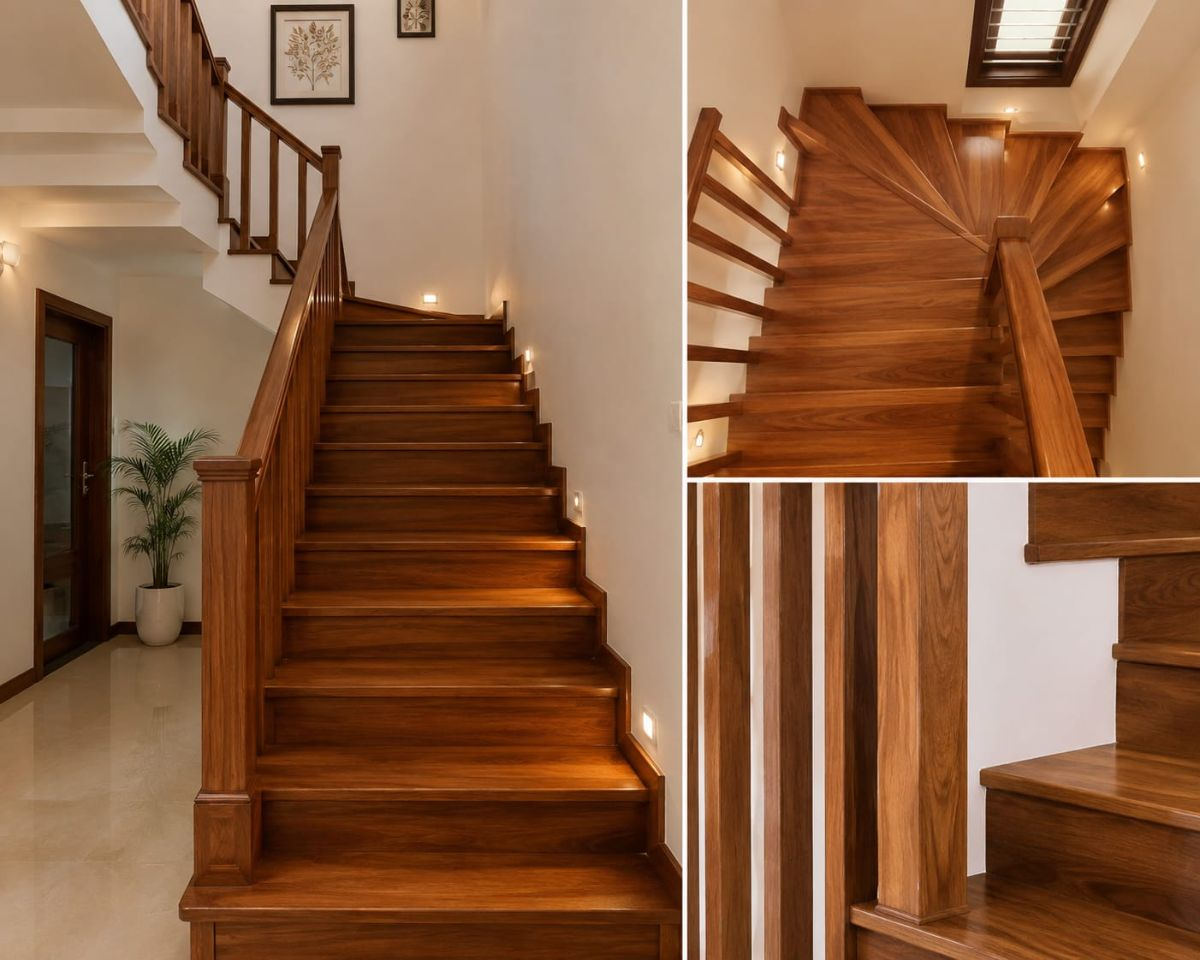 Custom hardwood wooden staircase carpentry with architectural glass balustrade