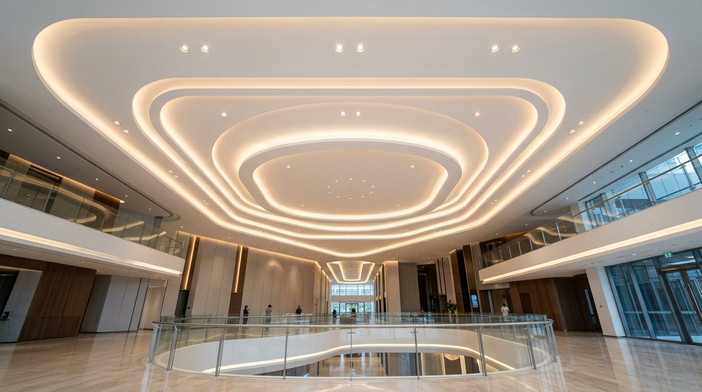 Multi-tier gypsum false ceiling design with cove LED lighting for home interiors