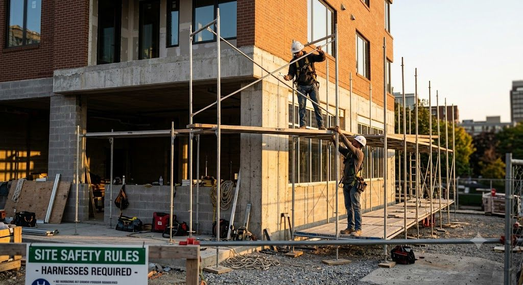Certified multi-tier construction scaffolding erection for building and interior renovation
